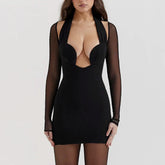 Tanya - Black Mesh Halter Neck Low Plunge Dress